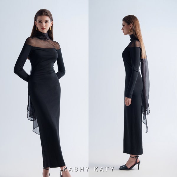 Cocktail Dress Elegant, High Neck Sheer Dress, Formal Chiffon Women’s Cape Dress, Evening Gown, Daniela Dress, Kashy Katy, KK010