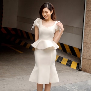 Luna Sweetheart Neckline Fishtail Dress, Formal Short Sleeve Dress, Custom Made Designer Outfit, Office Work Dress