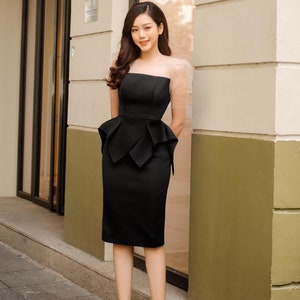 Kylie Black Peplum Midi Dress with Sheer Puff Sleeves – Elegant Formal Eveningwear