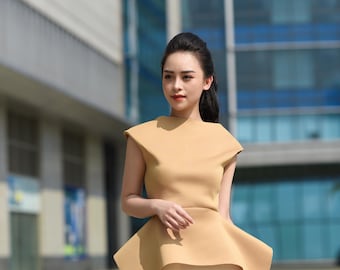 Sleeveless Peplum Top, Architectural Scuba Blouse, Sculpted Hem