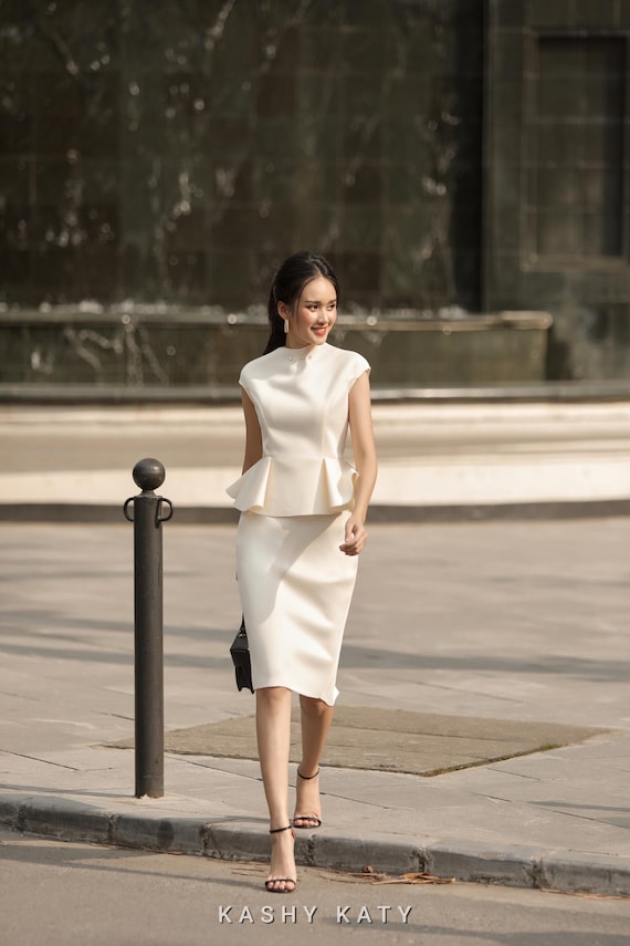 Cream Peplum Pencil Dress - High Neck, Cap Sleeves