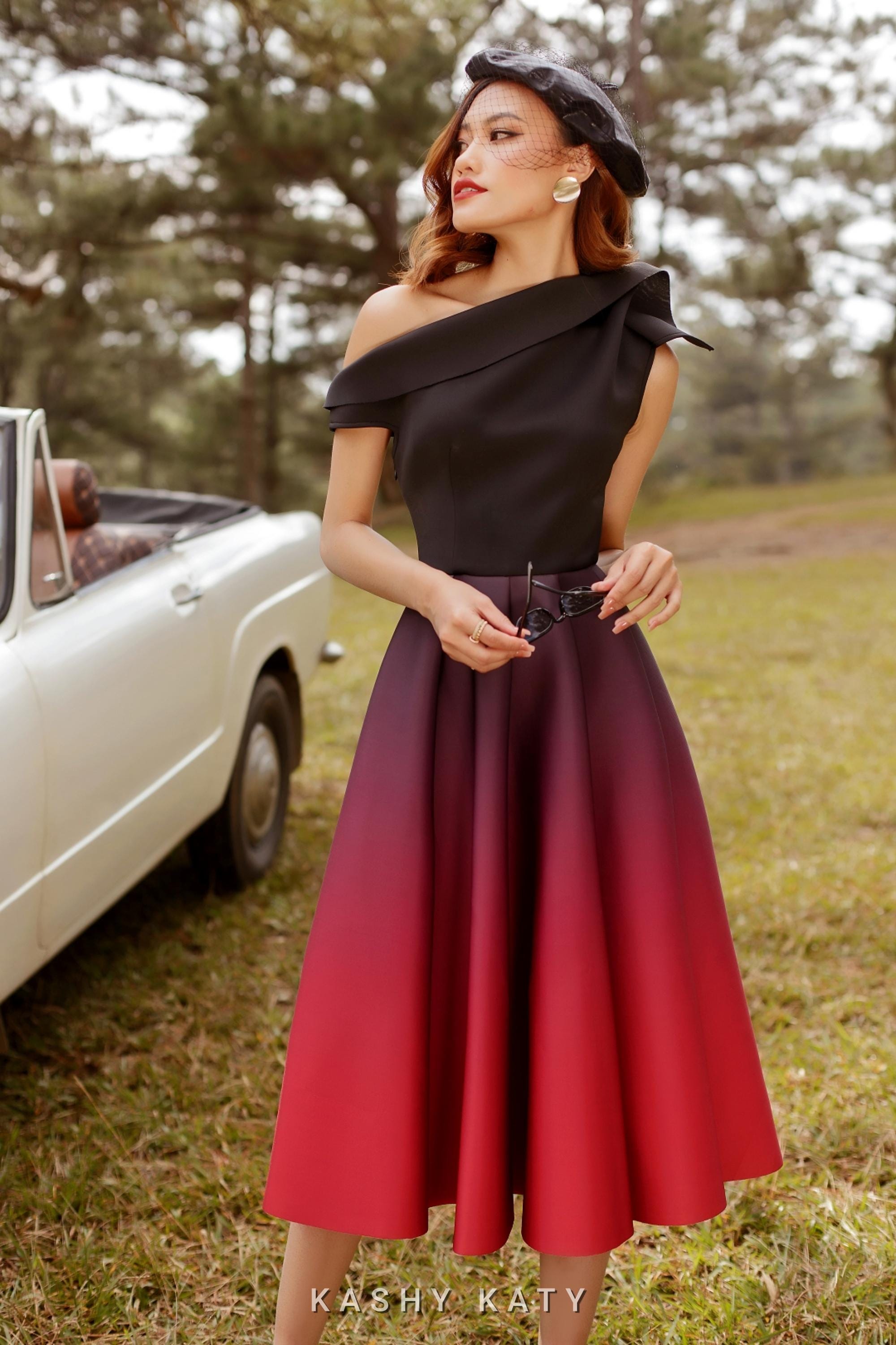 Ombre Midi Dress - Black to Red, Sculpted Shoulder Party Dress