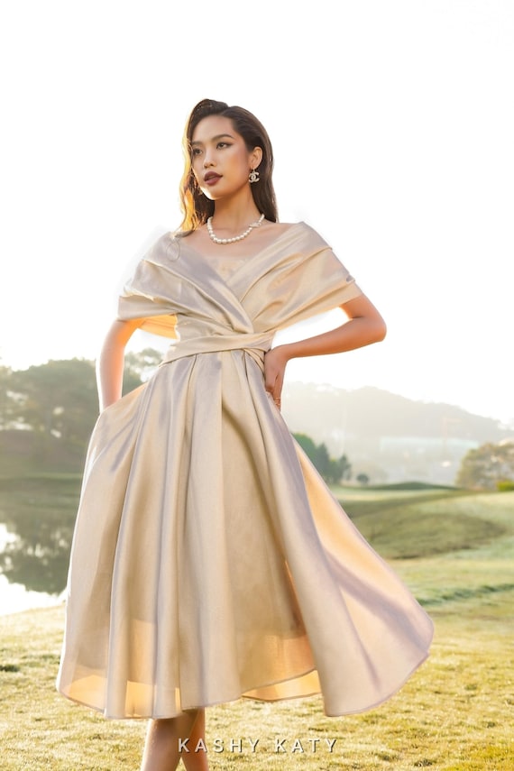 champagne taffeta dress Champagne Gold Taffeta Cocktail Dress – off Shoulder Midi Gown