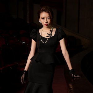 Puff Sleeve Peplum Midi Dress - Women&#39;s Formal Dress for Wedding Guest, Cocktail Party, or Evening Wear, Luna Dress, Kashy Katy, AU130-139