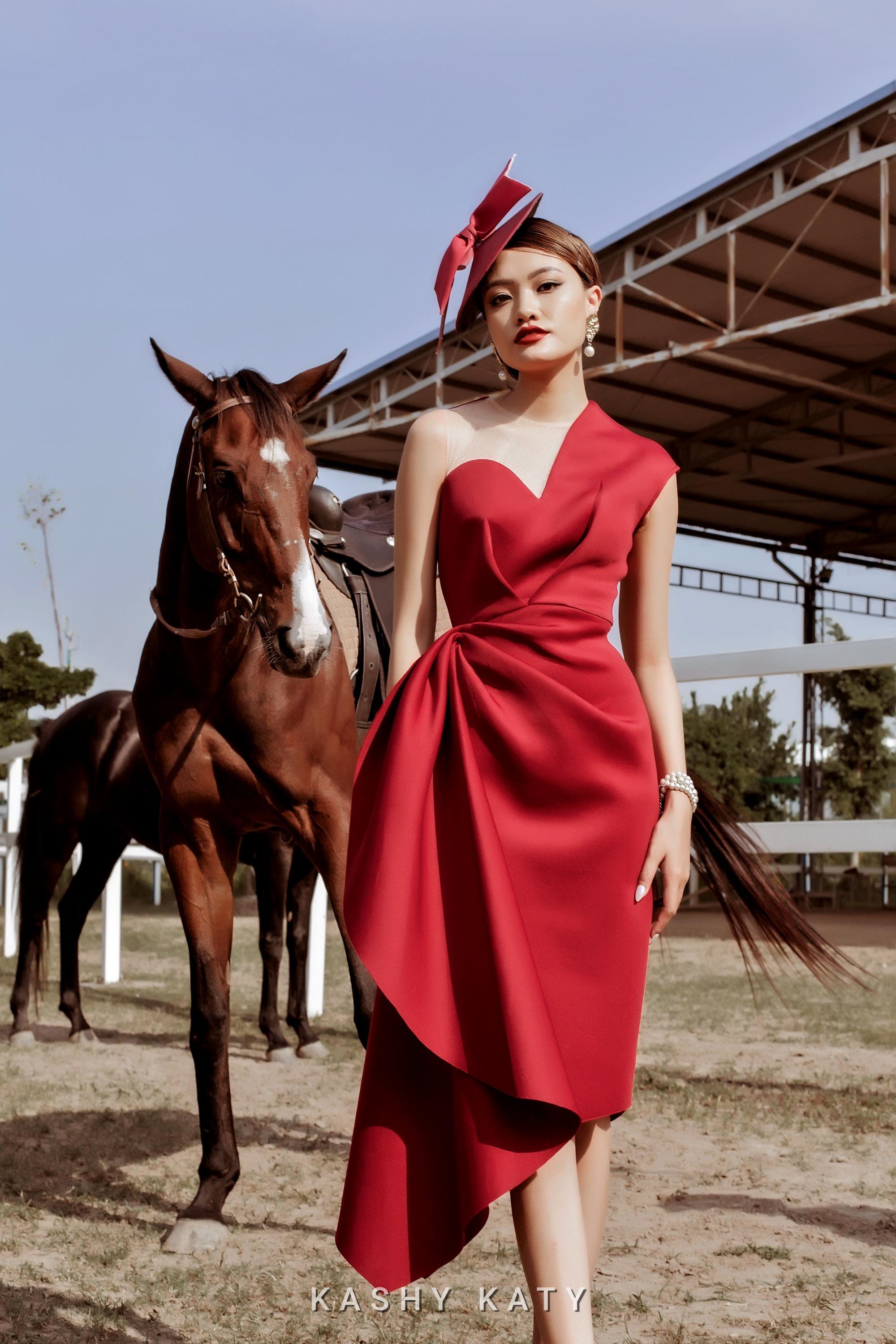 Red Asymmetrical Race Day Dress | Elegant Cocktail Dress | Kentucky Derby Style | High Society Look