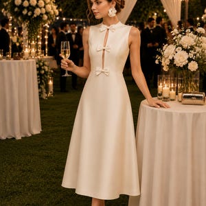 May include: A sleeveless ivory midi dress featuring a high neckline with a vertical cutout detail adorned with three small bows down the centre front. The dress has a fitted bodice and a flared skirt that falls below the knees. The text KASHY KATY is visible.