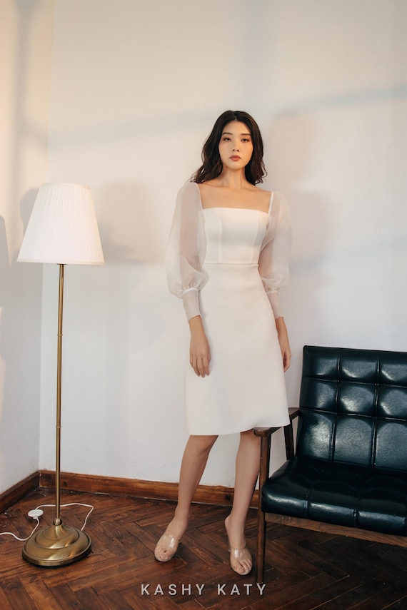 sheer puff sleeve white dress White Square Neck Midi Dress With Sheer Puff Sleeves | Elegant Engagement  or Wedding Guest Outfit | Minimalist Formal Gown