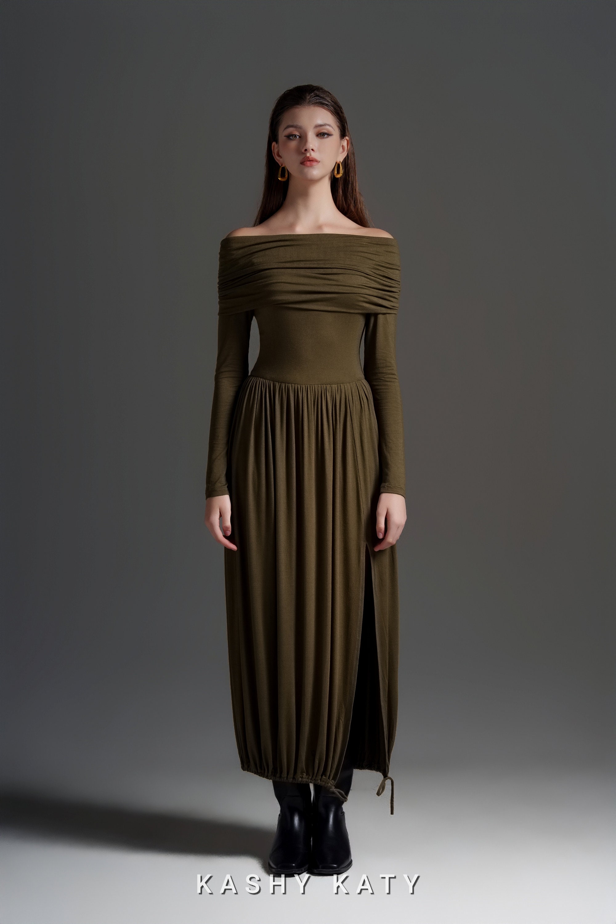 Pleated One-Shoulder Cape Maxi Dress with Round Neck