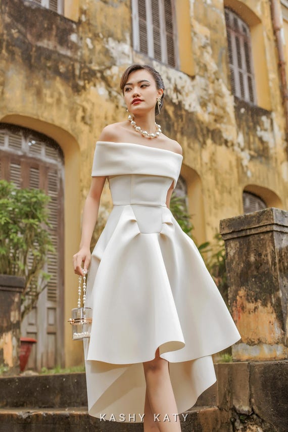 Casper Off-Shoulder Scuba High-Low Cocktail Piece I Modern Party Dress