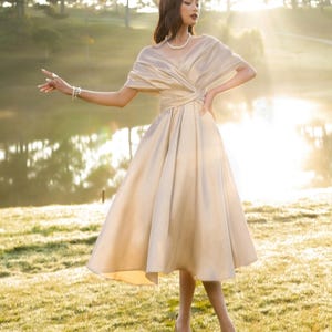Champagne Gold Taffeta Cocktail Dress – Off Shoulder Midi Gown