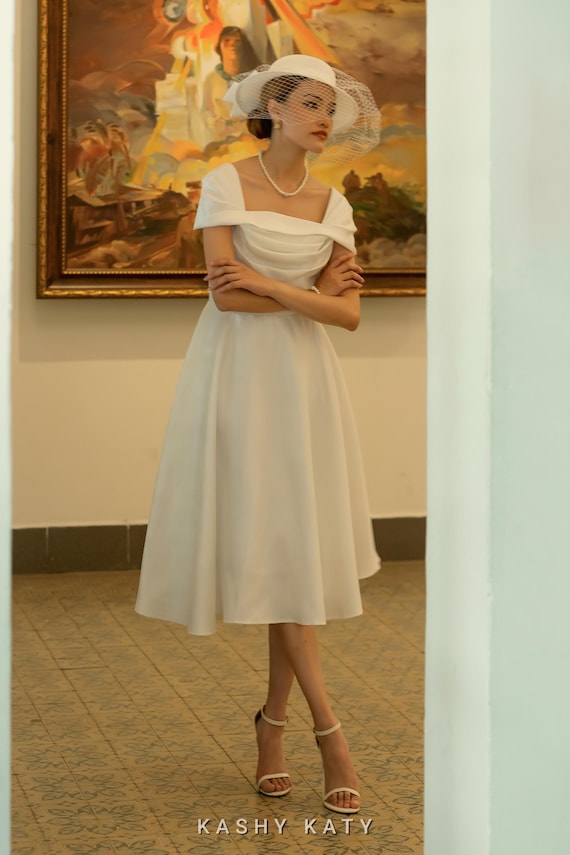 White Off-shoulder Taffeta Midi Dress - Fit and Flare, Wedding Guest - Etsy  Israel