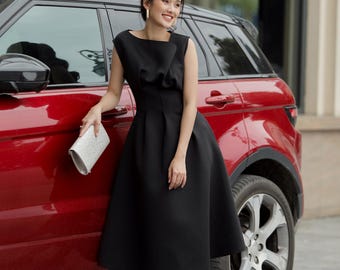 Asymmetrical Draped Pleated Midi Dress in Black – Sleeveless Cocktail Dress with Sculpted Neckline