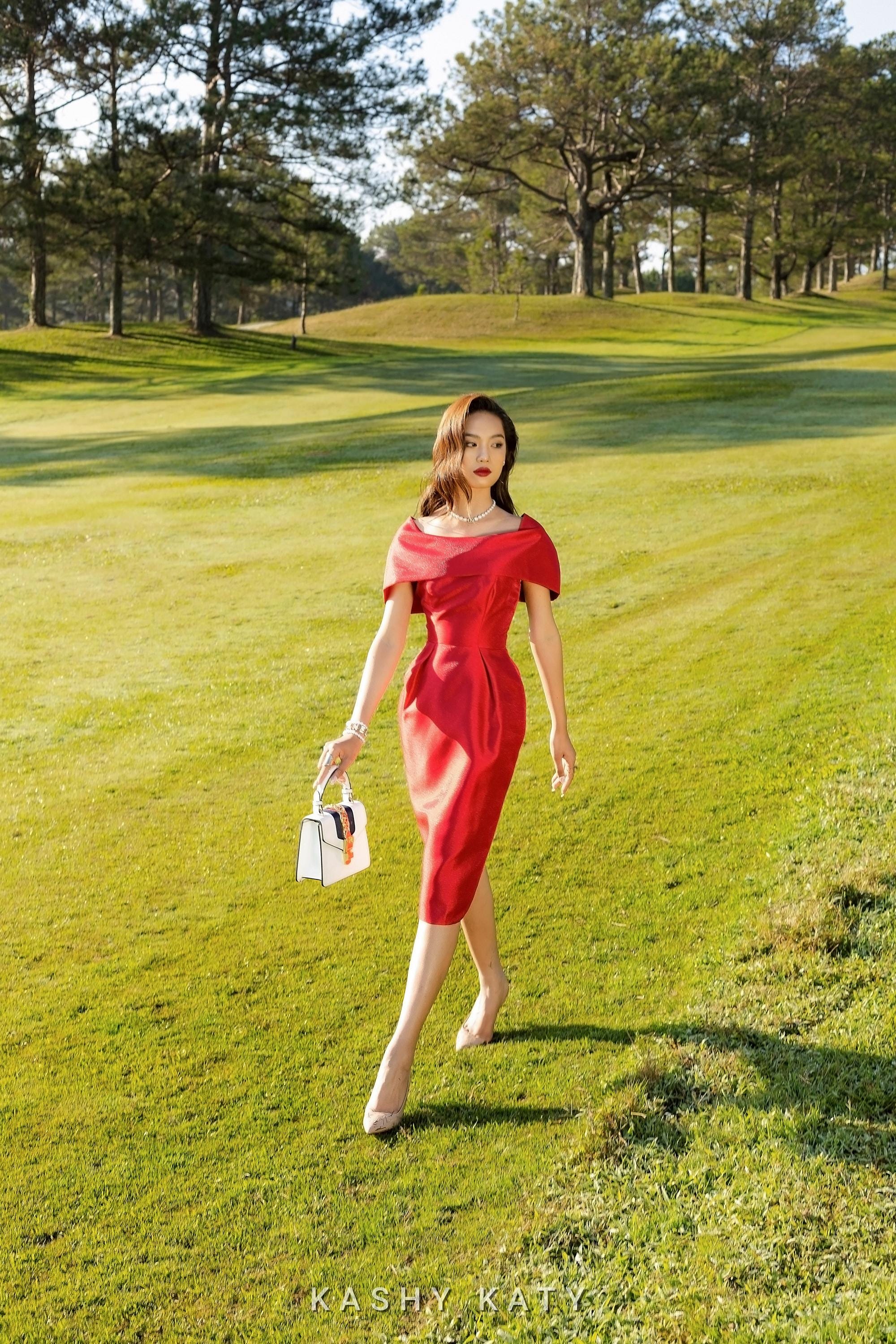 red off the shoulder pencil dress Red Taffeta Off-Shoulder Pencil Dress