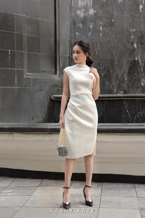 white scuba midi dress Goddiva Scuba Crepe Pleated Drop Shoulder Midi Dress