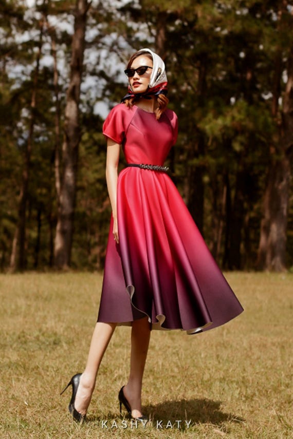 ombre a line dress Ombre Midi A-line Dress, Crimson Plum Neoprene, Cocktail Wedding Guest