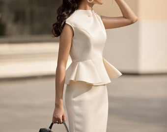 Cream Peplum Pencil Dress - High Neck, Cap Sleeves