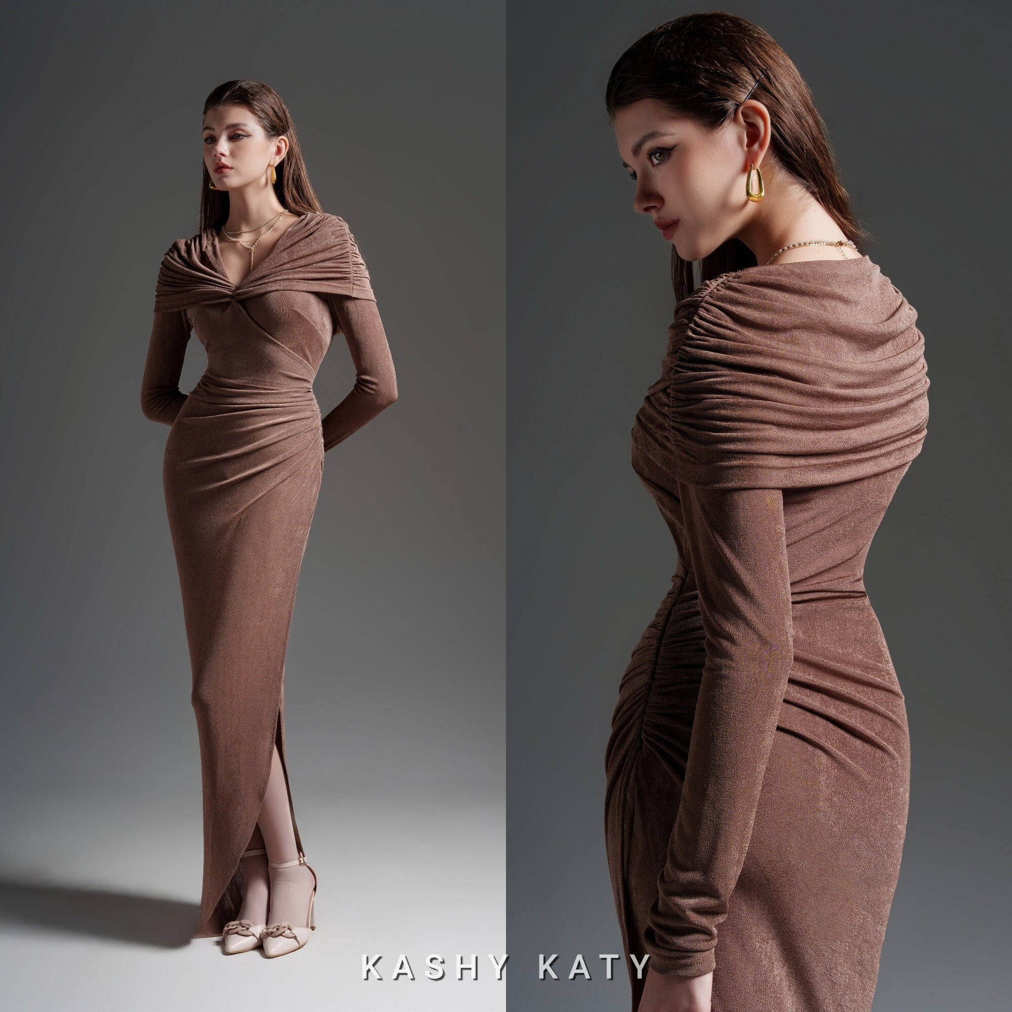 V-neck Cape Shoulder Dress, Fitted High Split Maxi Dress