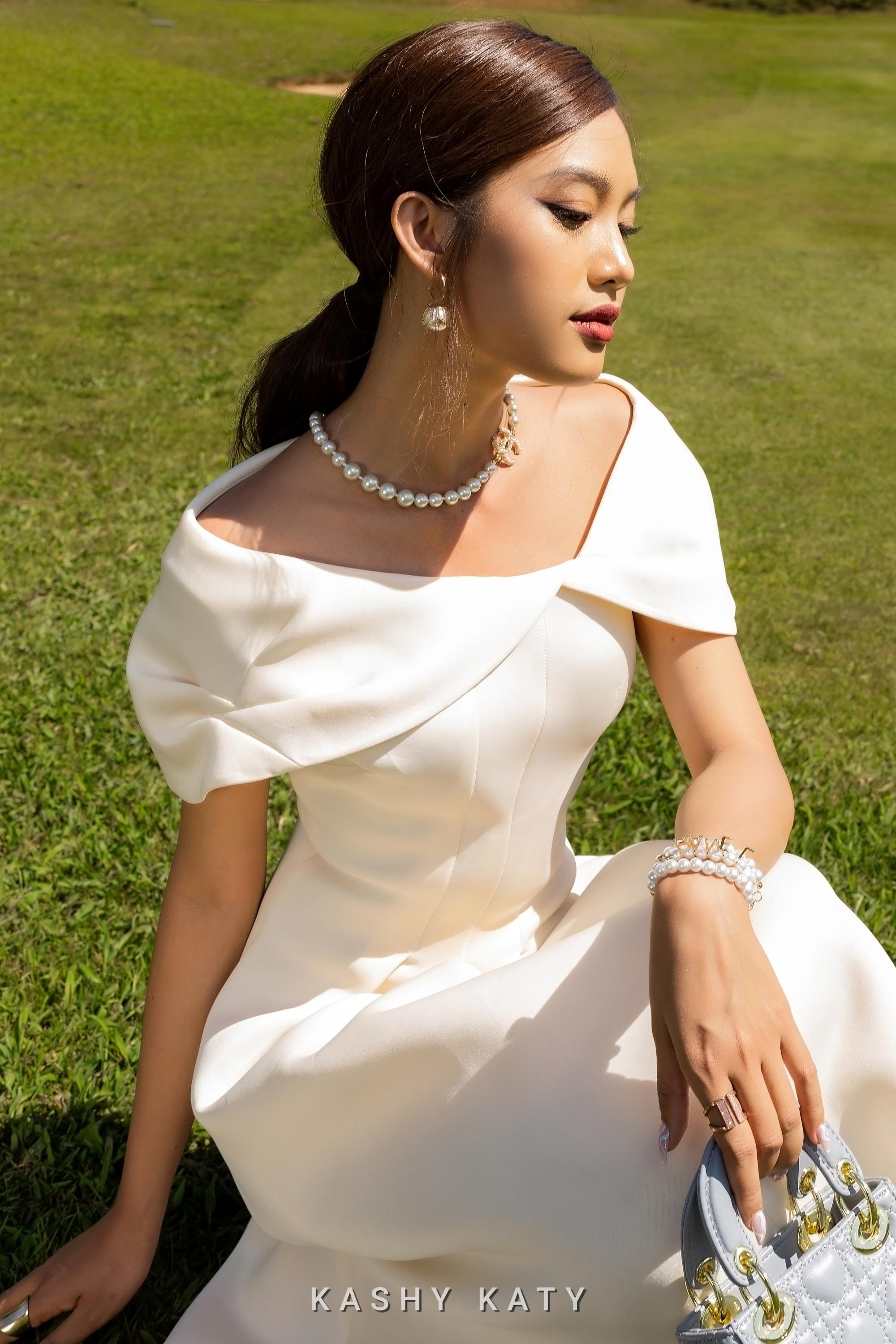 White Cape Shoulder Midi Dress – Folded Neckline A-Line Dress for Bridal Shower, Engagement or Elegant Guest Look - Vanesa Dress