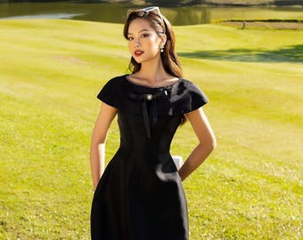 Black Cape Collar Midi Dress - Pearl Button, Formal Taffeta