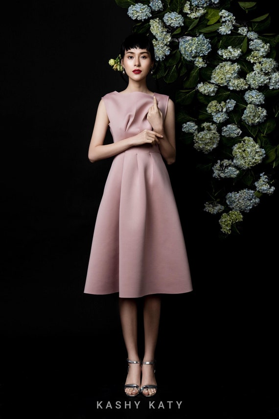 Blush Pink Midi Dress, Neoprene A-Line, Wedding Guest Outfit Blush Pink Midi Dress, Neoprene A-Line, Wedding Guest Outfit