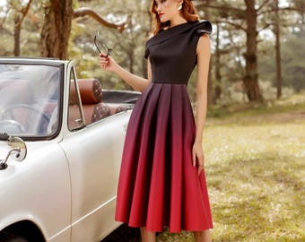 Black to Red Ombre Midi Spencer Dress with Sculpted Shoulder – Elegant Party or Bridesmaid Dress for Formal Occasions