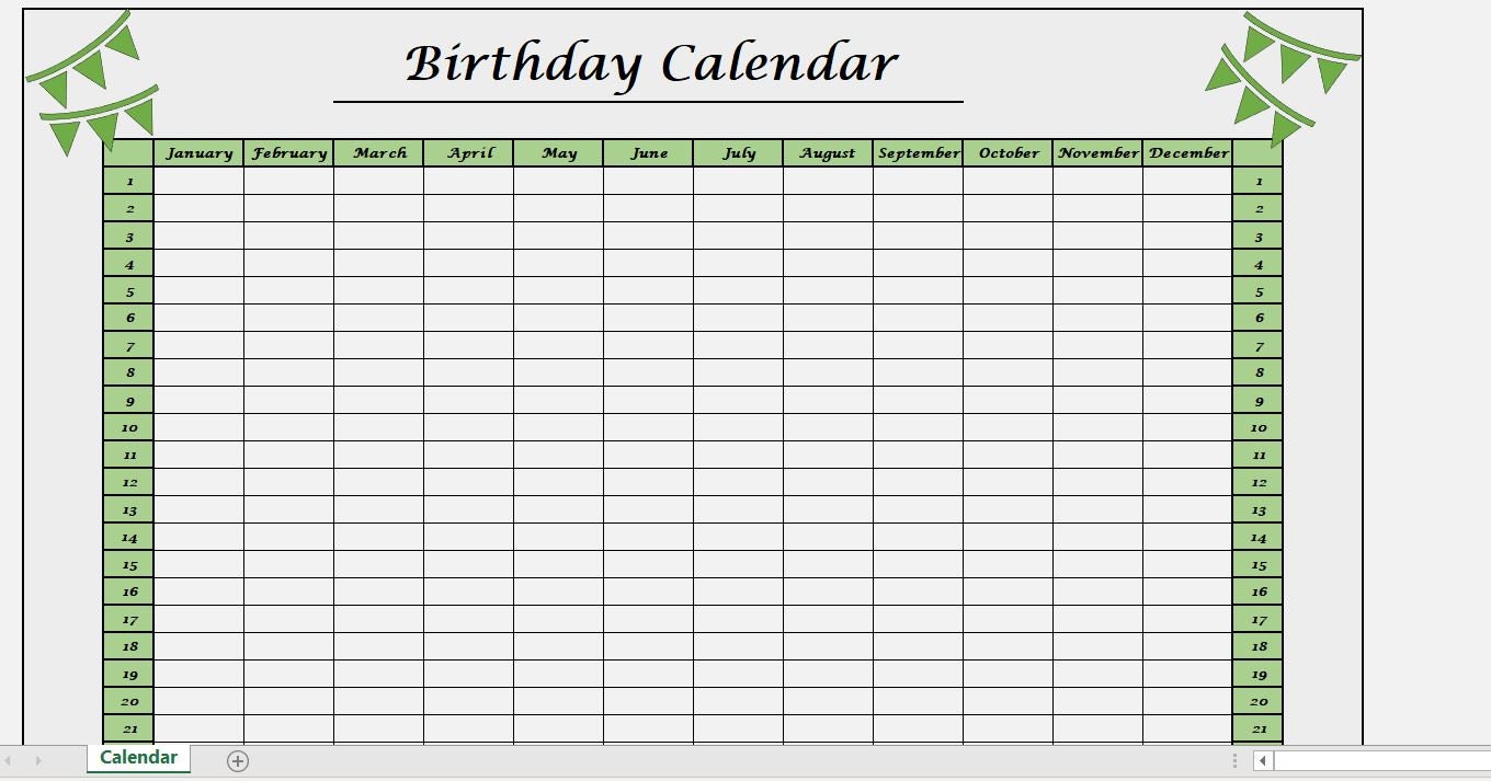 Birthday Calendar Excel Sheet - Etsy