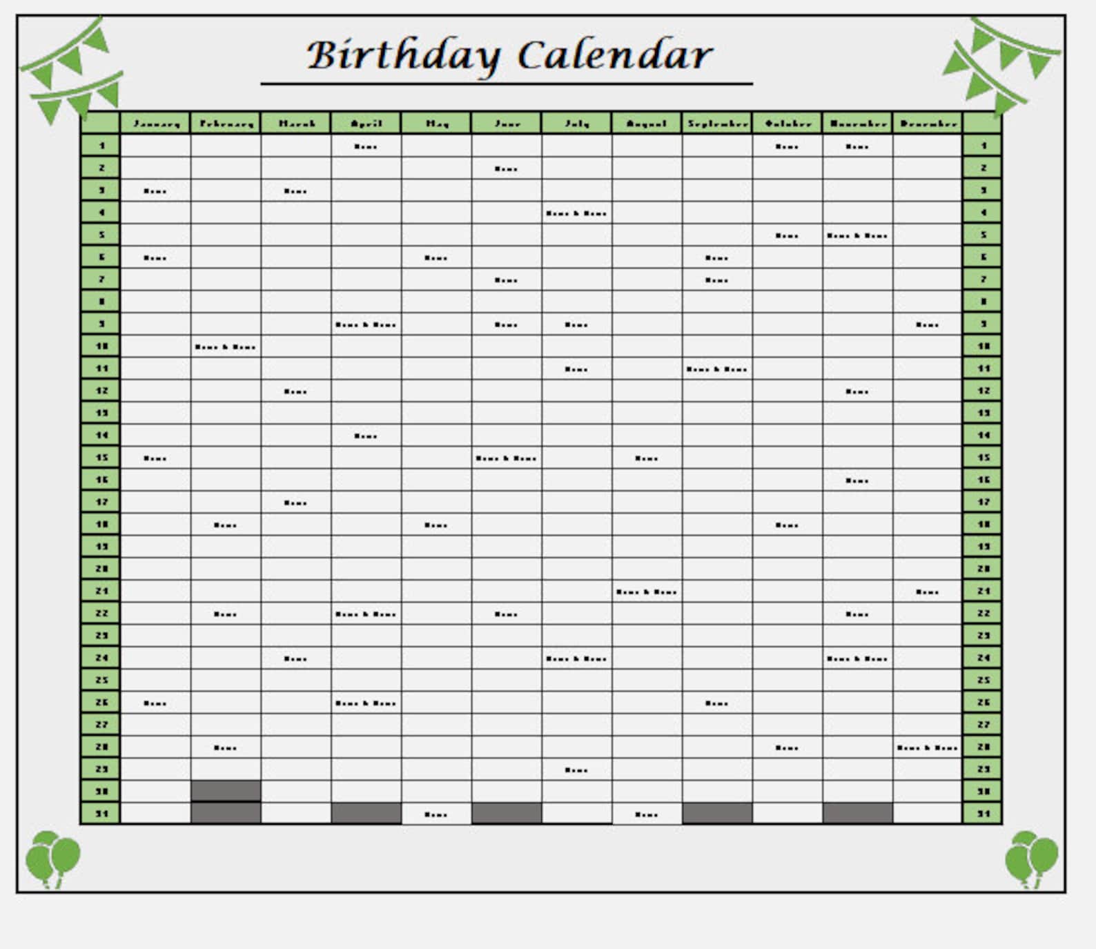 Birthday Calendar Excel Sheet - Etsy