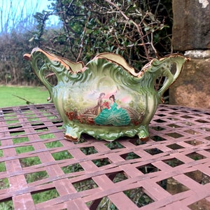 VINTAGE Victorian or Edwardian Glazed ceramic Planter Featuring an earlier depiction of a romantic Georgian couple on bridge within Gardens