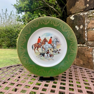 Vintage English Decorative Plate with Green and gold / gilt edging featuring English Country Fox Hunting Scene - Buy with Confidence!