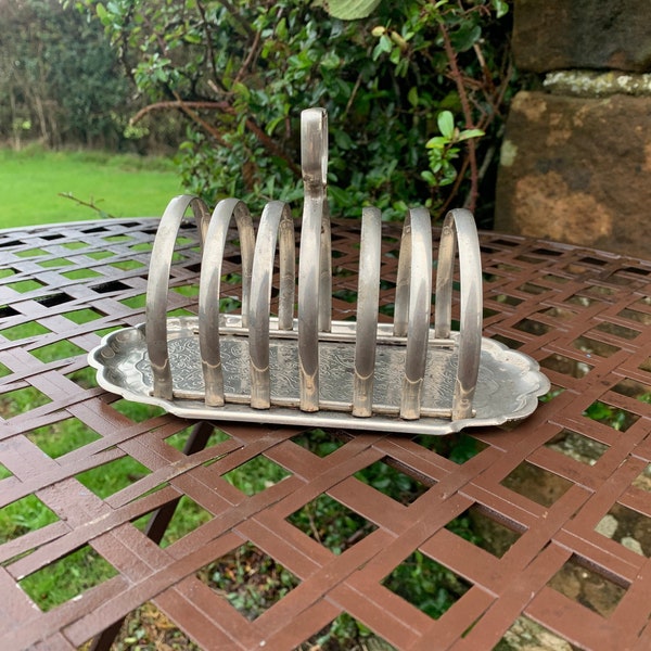 VINTAGE TOAST RACK - Vintage Pre 1950s English 6 Slice Toast Rack with pretty embossed bottom plate