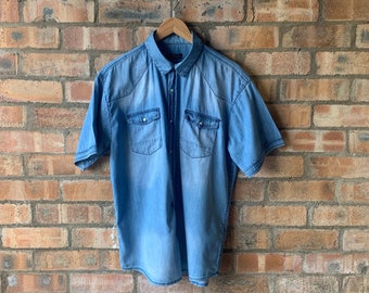 LOSAN DENIM SHIRT - Faded Denim Shirt with Pearl Snap Buttons - 80s 90s Lightweight Summer Short Sleeve