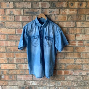 LOSAN DENIM Shirt - Faded Denim Shirt with Pearl Snap Buttons - 80s 90s Lightweight Summer Short Sleeve