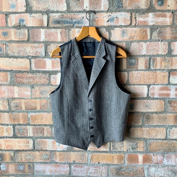 RETRO VEST WAISTCOAT 90s English Herringbone 5 button Vest or Waistcoat in Classic Vintage Grey & black wool Blend with Vintage style Collar