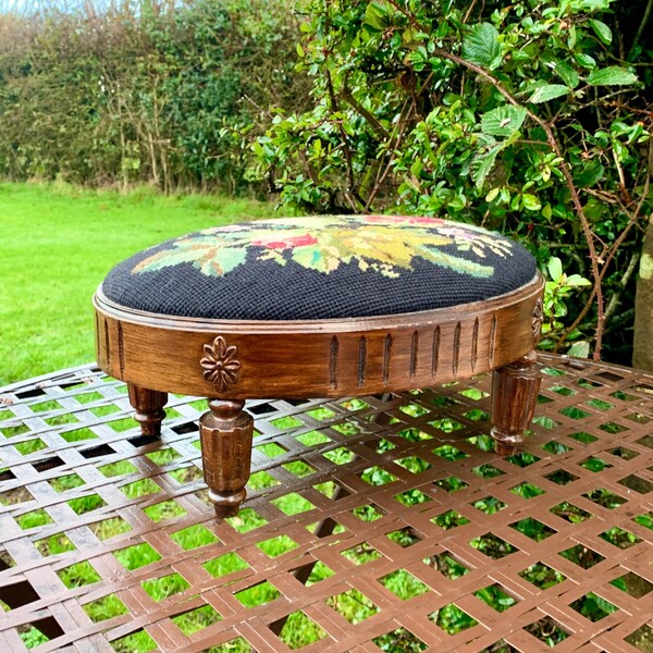 Vintage English Needlepoint Oval Footstool featuring Foliate Needlepoint Top and Regency Style Mahogany Base  The Needlewoman Shop London W1