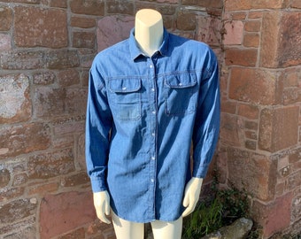 RETRO DENIM SHIRT / Vintage or Retro 90's Denim long sleeve Shirt with Pearl Snap Studs