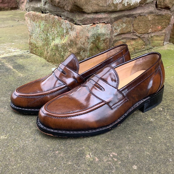 HANDMADE SHOES / Superb Vintage Samuel Windsor Handmade Penny Loafer Leather Shoes - Antique Brown / Tan size 7 UK.