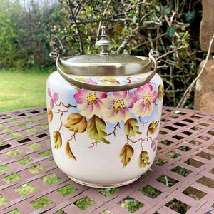 Vintage English Biscuit or Cookie Barrel storage container featuring hand painted floral and foliate decoration