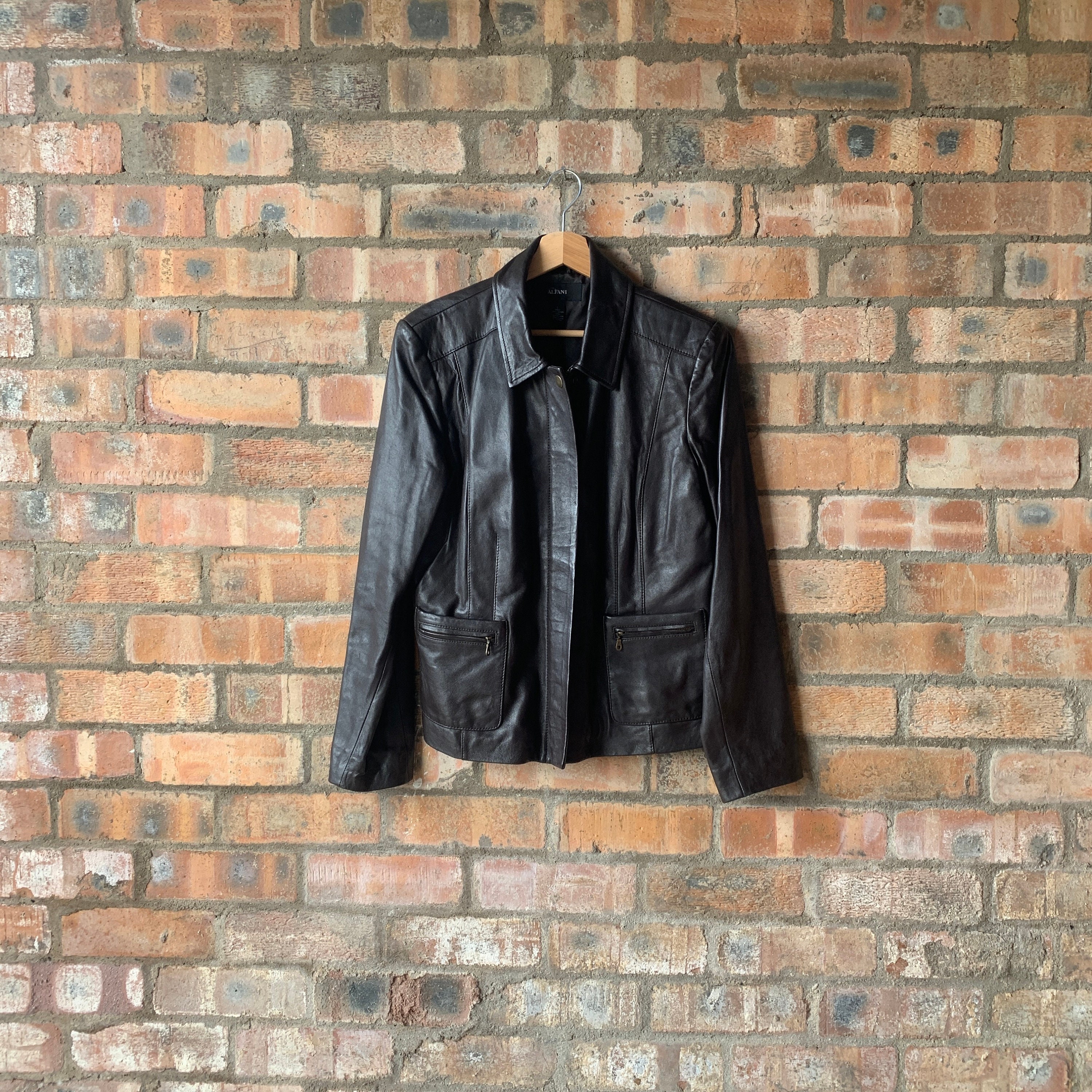 Vintage Women's Alfani Petite Black Leather Mini - Depop