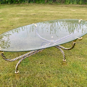 WOW! COFFEE TABLE - Vintage retro Plate Glass Coffee Table circa 1980s with heavy chrome & gold finished twisted rope style undercarriage