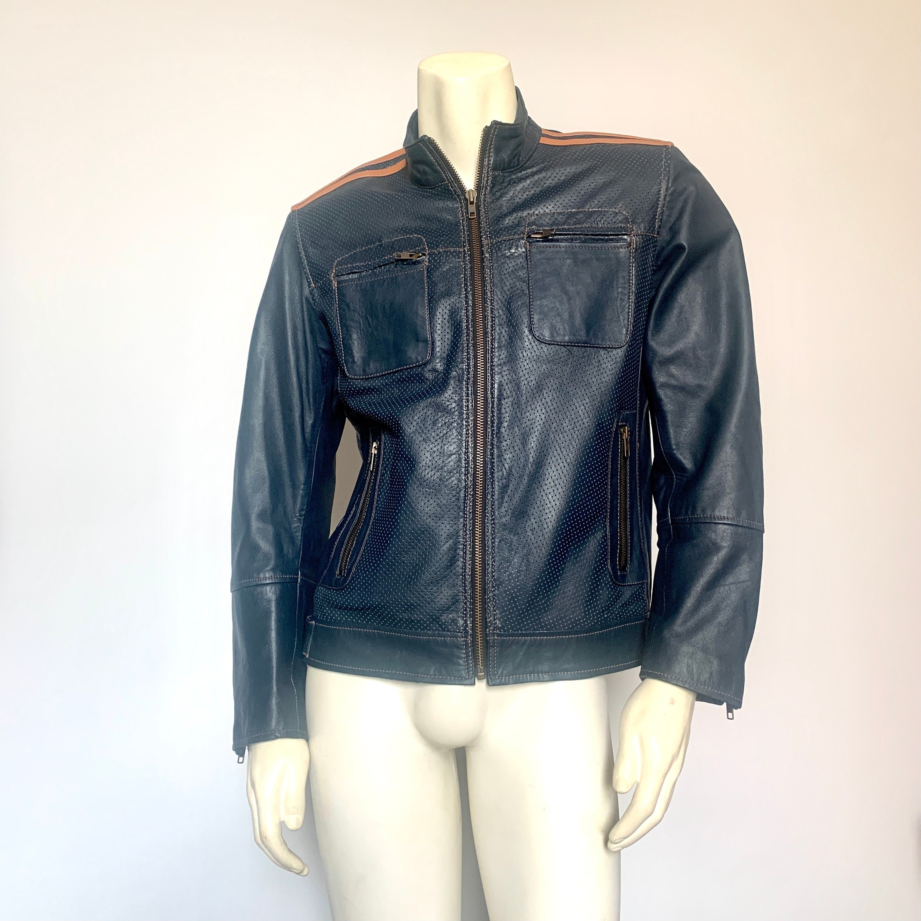 RETRO LEATHER JACKET - 90's Style Blue Real Leather Jacket