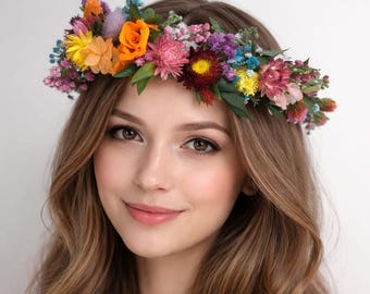 Colorful Wildflower Preserved Natural Dried Flower Crown: Rustic Boho Wedding Wreath
