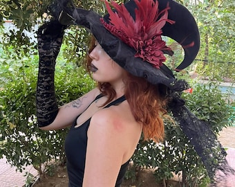 Halloween Black Witch Hat: Spider & Claret Flower Decor, Gothic Costume Accessory