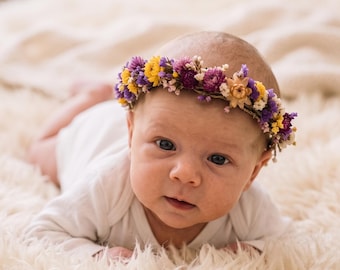 Purple Yellow Dried Flower Crown, Mommy and Me Flower Wreath, Newborn Flower Crown, Toddler Flower Girl Headband,