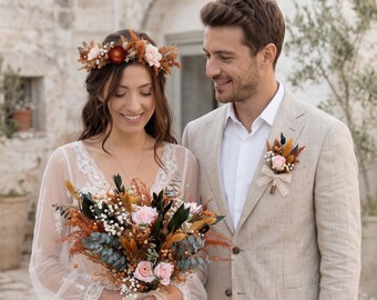 Terracotta Wedding Flower Set, Burnt Orange Bridal Bouquet, Dried Flower Crown, Boho Bride Accessories