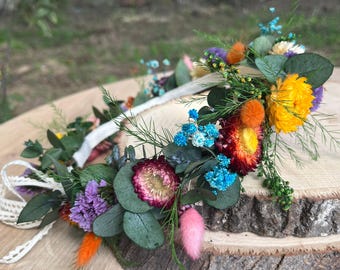 Colorful Wildflower Crown, Dried Flower Wedding Hair Wreath, Rainbow Boho Bridal Headpiece, Preserved Eucalyptus Floral Halo
