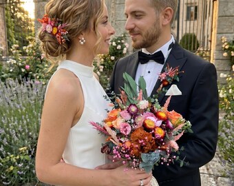 Pink & Orange Dried Flower Wedding Bouquet, Preserved Vibrant Bride Hair Comb: Boho-Rustic Wedding
