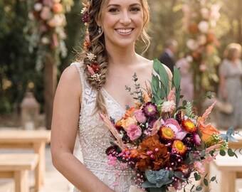 Terracotta and Pink Bridal Bouquet, Burnt Orange Silk Rose Wedding, Dried Flower Boho Wedding Florals