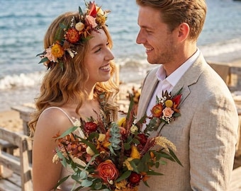Autumn Wedding Flower Crown and Bouquet Set, Dried Flower Bridal Tiara, Terracotta Rust Wedding Hair Wreath, Fall Bride Flower Headpiece