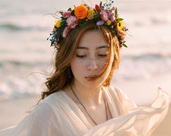 Colorful WildFlower Dried Flower Crown: Boho Floral Headpiece, Rainbow Flower Hair Wreath
