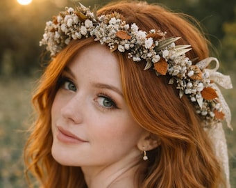 Gold Orange Rustic Flower Crown: Handmade Boho Vintage Wedding Hair Wreath